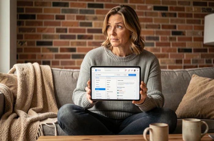 Femme naviguant sur le plan d'un forum immobilier via une tablette dans un salon chaleureux
