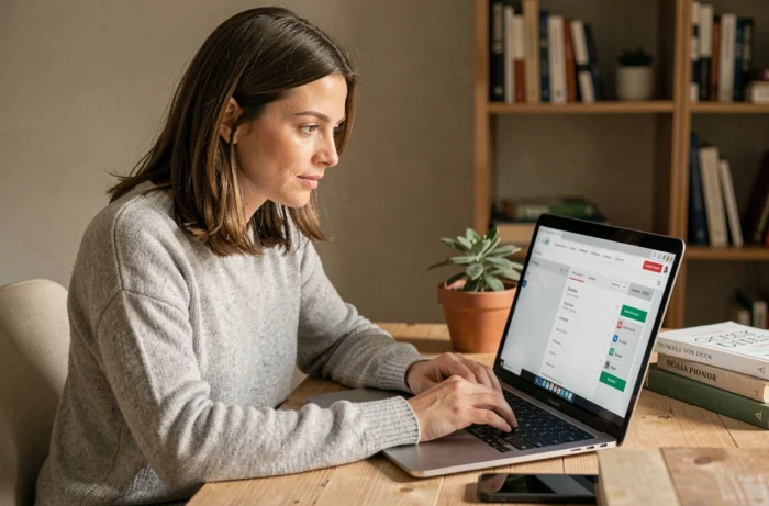 Femme naviguant sur un site web organisé depuis son bureau à domicile