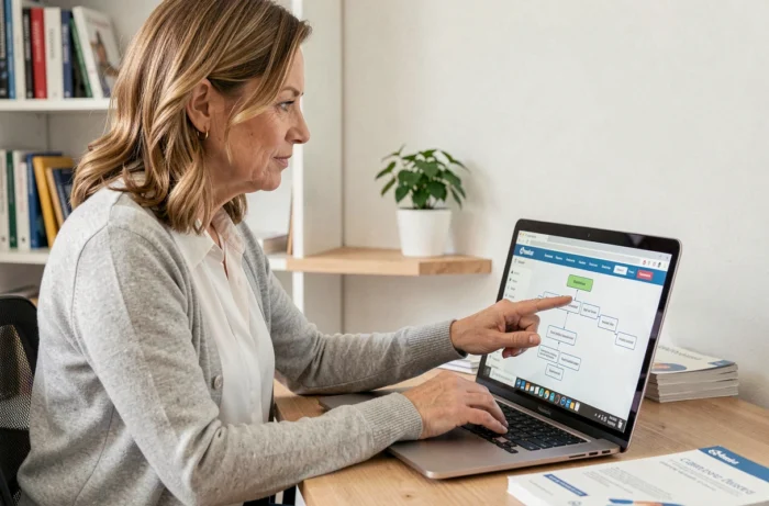 Femme naviguant sur un site de santé avec un sitemap affiché sur son ordinateur portable dans un bureau à domicile
