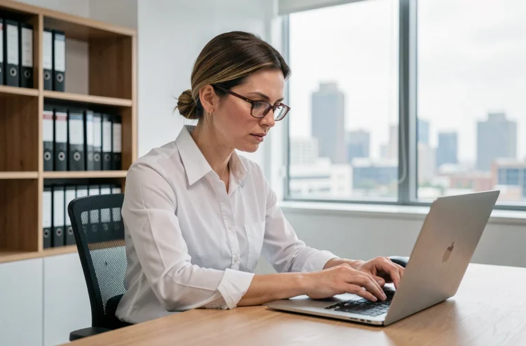 Femme professionnelle consultant les mentions légales de son site web sur un ordinateur portable dans un bureau moderne