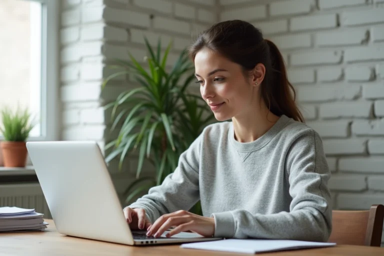 Femme consultant des annonces en ligne sur un ordinateur portable dans un bureau à domicile, illustrant la recherche d'annonces en France