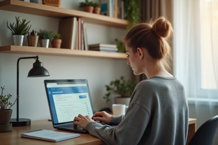 Jeune femme comparant des offres de crédit immobilier en ligne depuis son bureau à domicile avec des calculs manuscrits