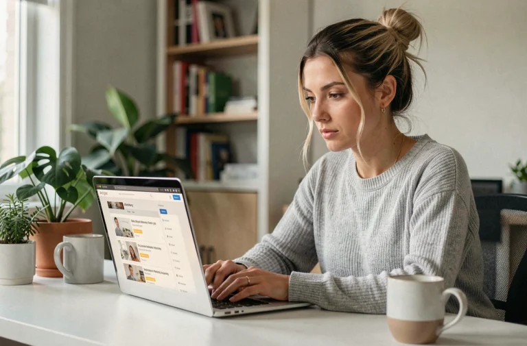 Femme professionnelle cherchant des opportunités d'emploi en ligne depuis son bureau à domicile moderne