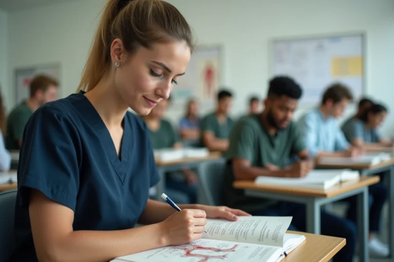 Femme adulte en reconversion professionnelle étudiant l'anatomie dans une salle de formation en kinésithérapie