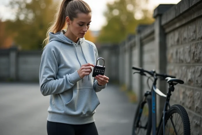 Femme réglant le code d'un cadenas Decathlon sur un vélo de montagne en extérieur