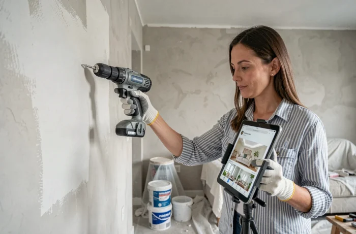 Femme utilisant une perceuse sans fil connectée lors de travaux de rénovation intérieure