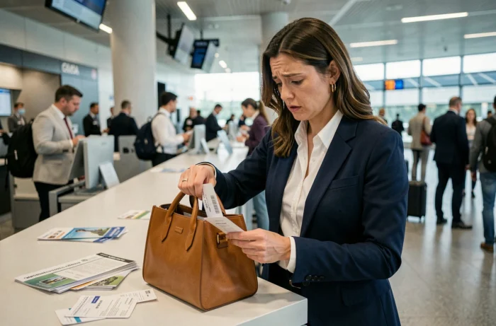 Femme stressée cherchant ses papiers d'identité au comptoir d'enregistrement d'un aéroport international