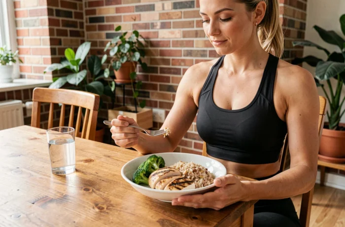 Femme sportive mangeant un repas équilibré avec brocolis vapeur, poulet et riz complet après entraînement