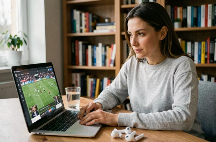 Femme regardant un match de football en streaming sur son ordinateur portable depuis son bureau à domicile