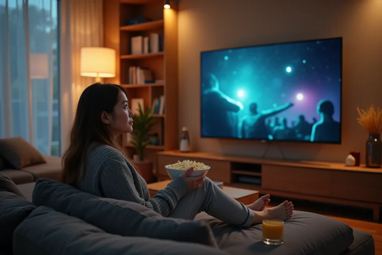 Jeune femme regardant un film en streaming gratuitement sur sa télévision depuis son canapé à la maison