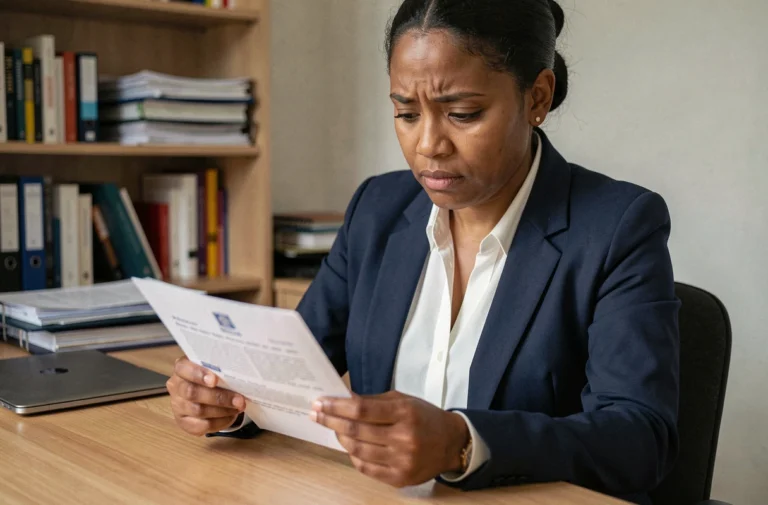 Femme examinant attentivement son titre de séjour pour détecter une erreur administrative