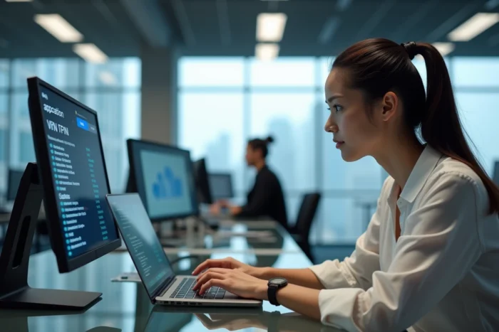 Femme utilisant un VPN sur son ordinateur portable en bureau moderne pour accéder à un site bloqué