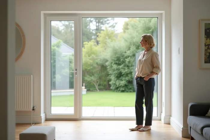 Propriétaire évaluant une fenêtre triple vitrage de haute qualité dans une maison moderne aux finitions soignées