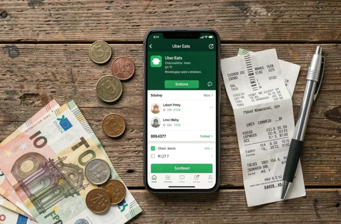 Vue de dessus d'un smartphone avec l'application Uber Eats, des billets en euros et un reçu de commande posés sur une table en bois