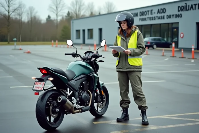 Femme en équipement moto consultant un document dans le parking d'une auto-école, formation obligatoire pour conduire un 125 avec le permis B