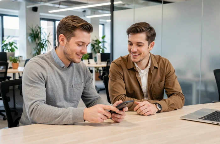 Deux collègues consultant une application mobile de gestion d'abonnement téléphonique au bureau