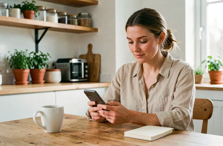 Femme gérant son compte La Poste Mobile sur smartphone dans une cuisine moderne