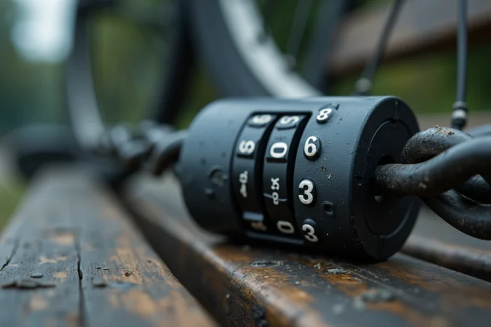 Gros plan sur un cadenas à code Decathlon fixé à une chaîne de vélo posée sur un banc de parc