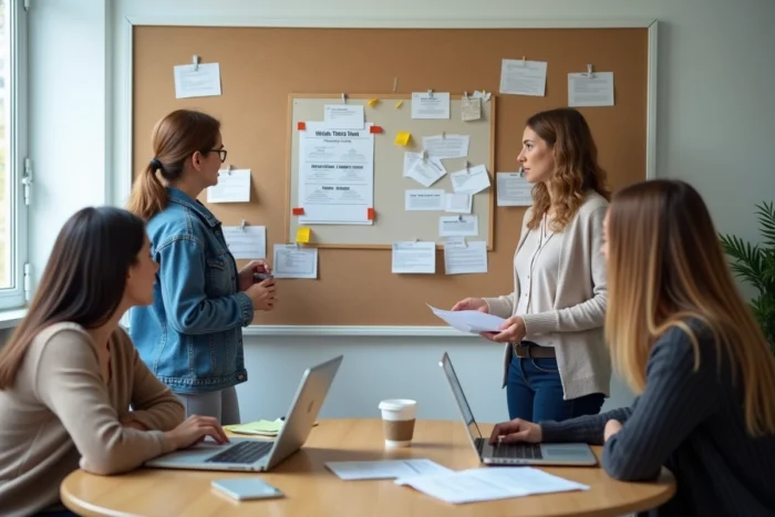 Groupe d'adultes en reconversion professionnelle planifiant ensemble leur parcours de formation en kinésithérapie