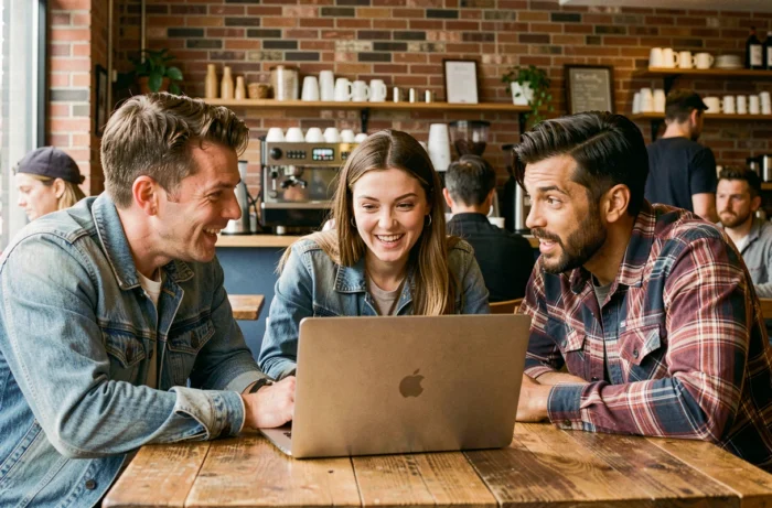 Groupe de personnes discutant des dernières actualités sociales autour d'un ordinateur portable dans un café urbain