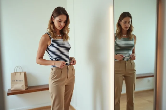 Femme essayant un haut Tommy Hilfiger dans une cabine d'essayage pour vérifier la taille