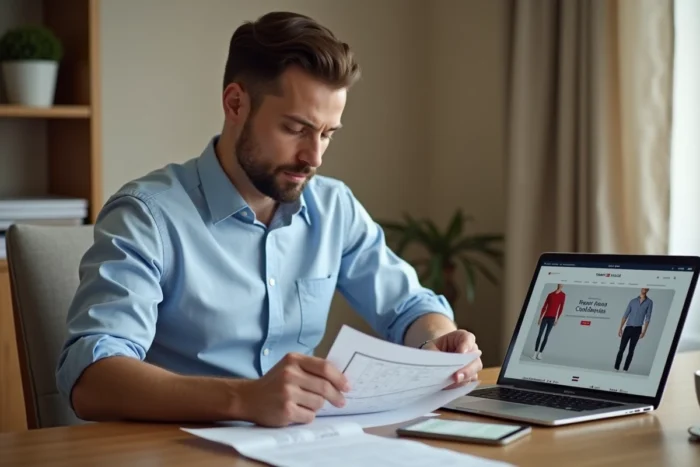 Homme consultant un guide des tailles Tommy Hilfiger sur son bureau à la maison