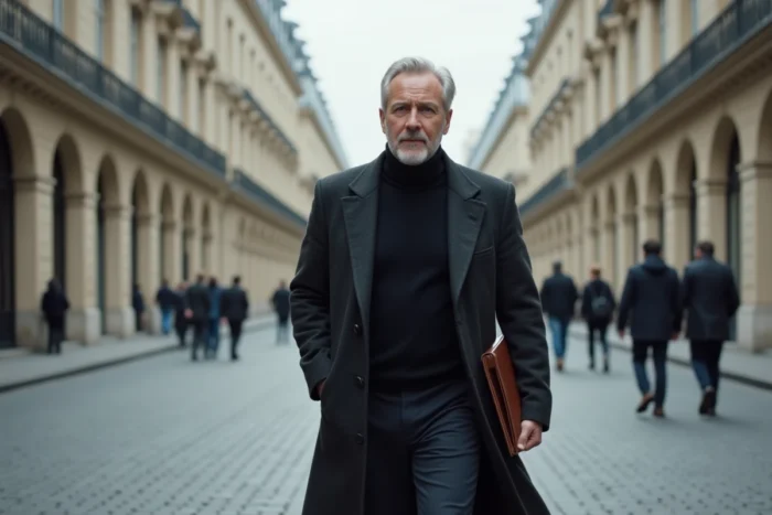 Homme d'affaires influent en manteau sombre marchant dans un quartier d'affaires parisien, allure sobre et déterminée
