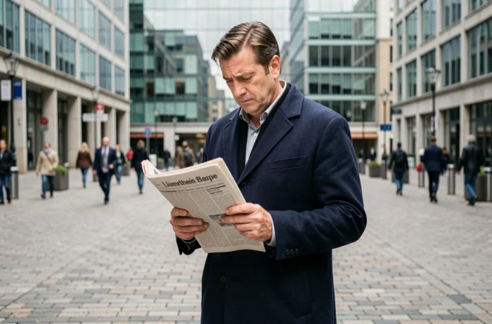 Homme d'affaires consultant journal et smartphone au milieu d'une place animée en ville