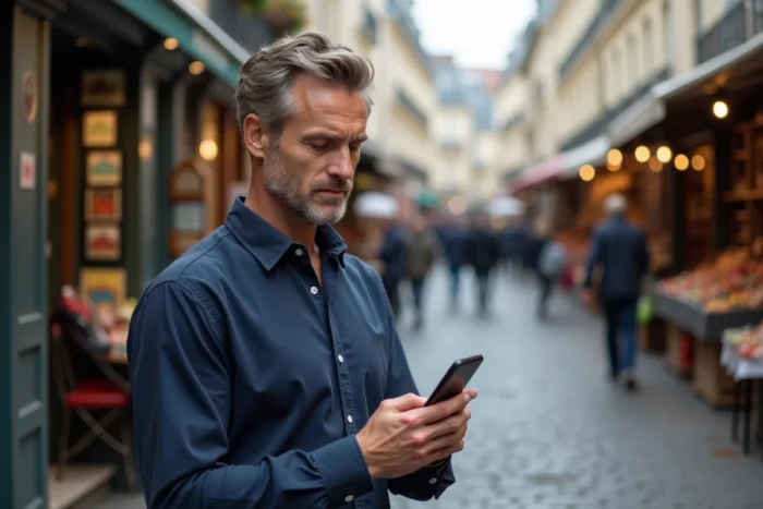Homme utilisant une application d'annonces sur smartphone dans une rue commerçante française typique