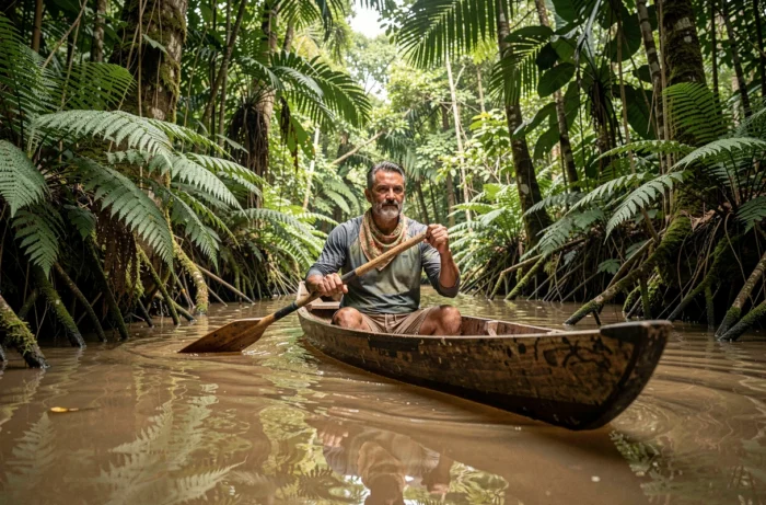 Homme pagayant un canoë traditionnel en bois sur une rivière étroite au cœur de la jungle amazonienne