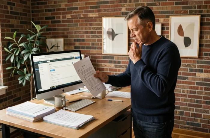 Homme consultant une checklist des obligations légales pour site web dans un bureau à domicile chaleureux