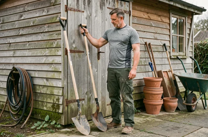 Homme comparant deux bêches à long manche appuyées contre un abri de jardin en bois avec équipements et accessoires de jardinage