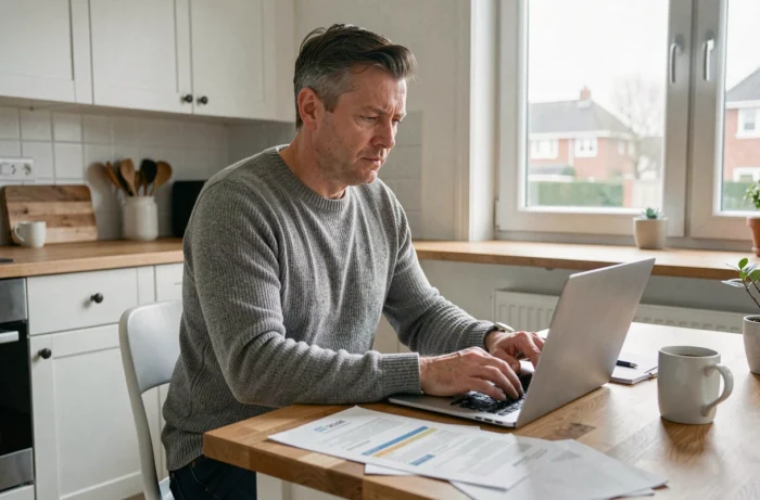 Un homme compare des offres de crédit en ligne depuis son domicile avec des documents financiers posés sur la table