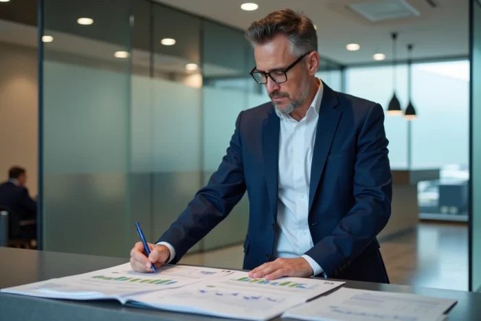 Homme consultant des relevés financiers avec un conseiller bancaire dans une agence moderne