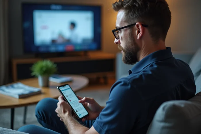 Homme consultant une page web en cache sur smartphone depuis son salon après une panne de site