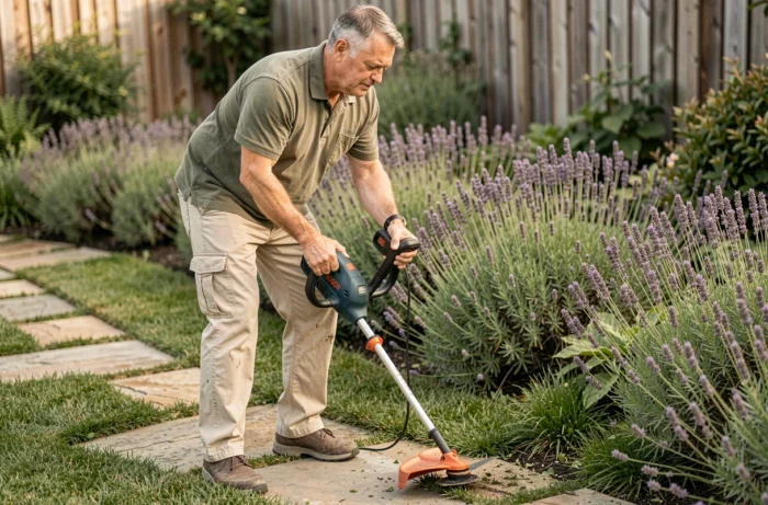 Homme utilisant le coupe-bordure Bosch Art 23 SL pour tailler les bords d'un chemin de jardin en pierre