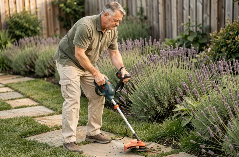 Homme utilisant le coupe-bordure Bosch Art 23 SL pour tailler les bords d'un chemin de jardin en pierre