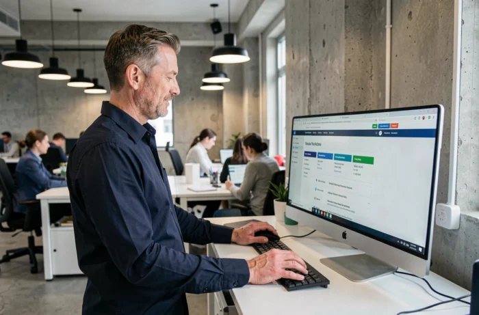 Homme explorant l'organisation d'un site web sur un grand écran dans un bureau moderne
