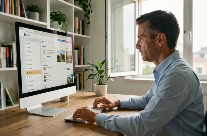 Homme consultant un forum immobilier sur ordinateur de bureau dans un bureau à domicile moderne