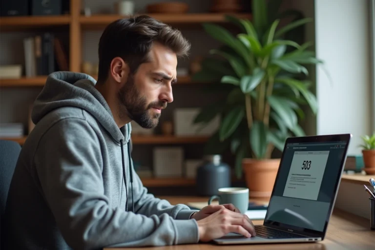 Homme frustré devant un écran d'ordinateur affichant une erreur de site web inaccessible