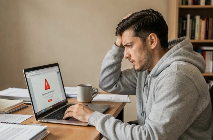 Jeune homme frustré devant son ordinateur portable affichant une page d'erreur bloquée