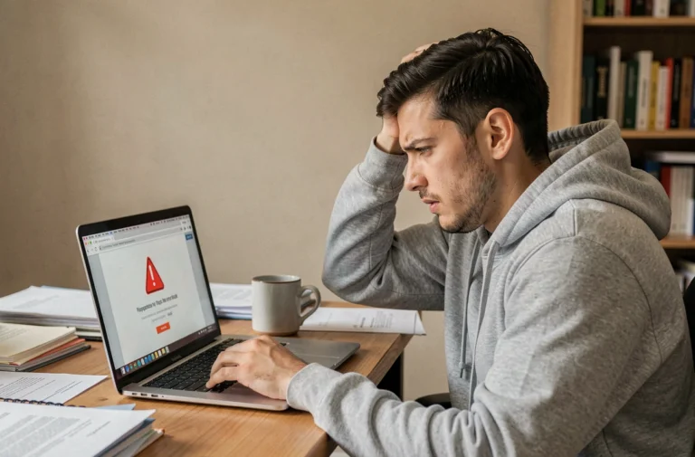 Jeune homme frustré devant son ordinateur portable affichant une page d'erreur bloquée