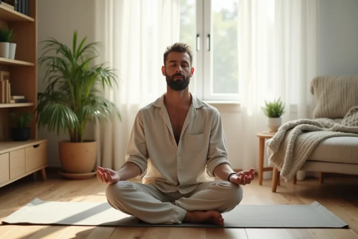 Homme en méditation sur un tapis de yoga à la maison pour réduire le stress et perdre du poids