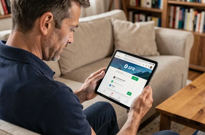 Homme naviguant sur Internet via le moteur de recherche SFR sur une tablette dans un salon