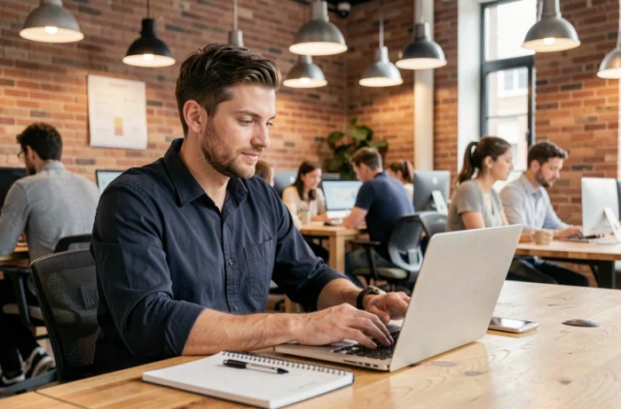 Jeune homme professionnel utilisant un ordinateur portable dans un espace de coworking pour saisir des opportunités d'emploi