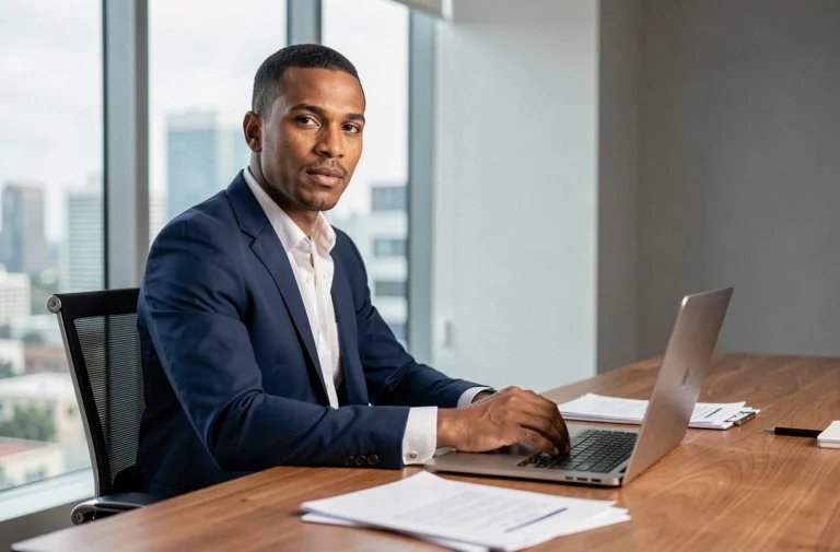 Portrait professionnel d'un homme en costume marine dans un bureau moderne et contemporain