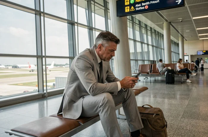 Homme en costume consultant son téléphone dans un salon d'aéroport face à un problème de documents d'identité
