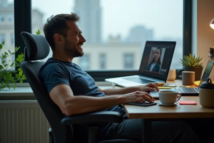 Homme regardant des séries gratuitement en streaming sur son ordinateur portable dans un bureau à domicile