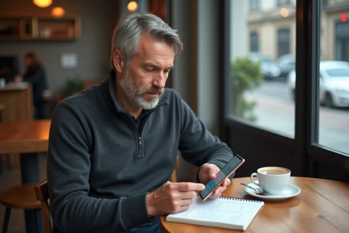 Homme consultant ses stratégies de revenus en ligne sur smartphone dans un café urbain