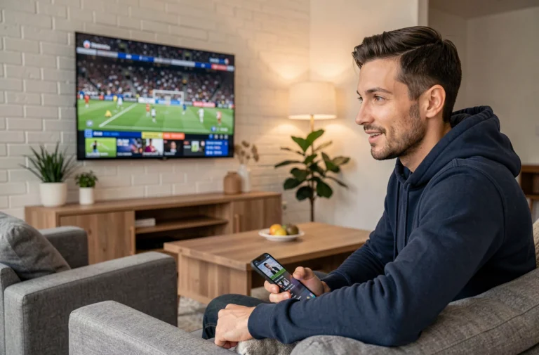 Homme regardant un match de sport en direct sur sa télévision via une application de streaming sportif